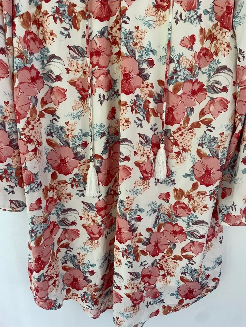 Haute Hippie Tribe  Antique Floral Lac Tassel Tunic Dress in Cream & Coral Large